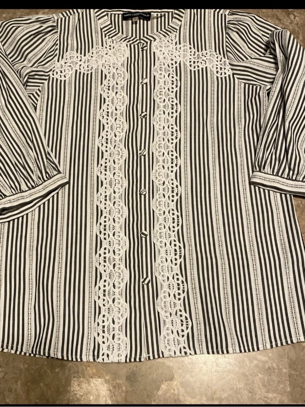 Karl Lagerfeld Striped French Style Blouse Crochet Lace Black & White Sz Medium